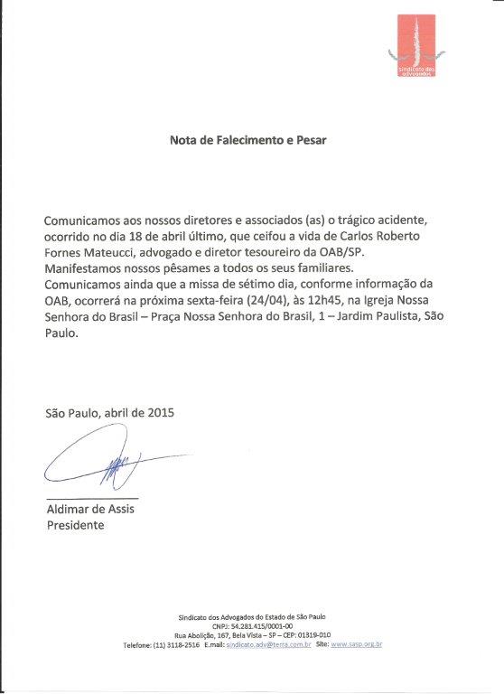 Nota de falecimento e pesar