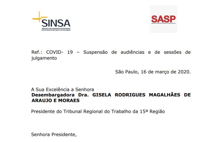 SASP e Sinsa apresentam ofício para suspensões de audiência e sessões de julgamentos